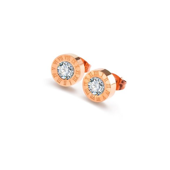 Roman Numeral Stainless Steel Rose Gold Stud Earrings With Diamond - Picture 4 of 5